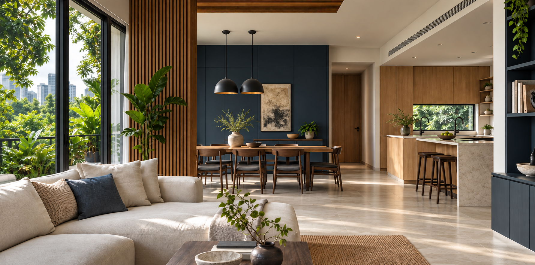 Illustrative warm oak and stone living space opening to a tropical garden