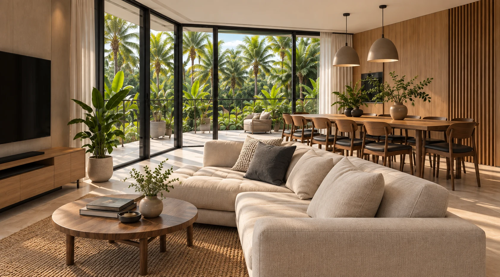 Illustrative open-plan living and dining space with garden views