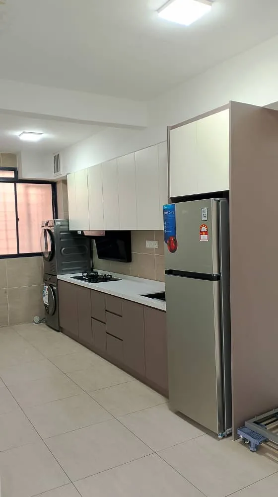 Grey kitchen cabinets refrigerator